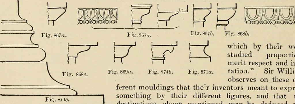 An illustration from An encyclopaedia of architecture, historical, theoretical, & practical. New ed., rev., portions rewritten, and with additions by Wyatt Papworth, 1888, leaf 869