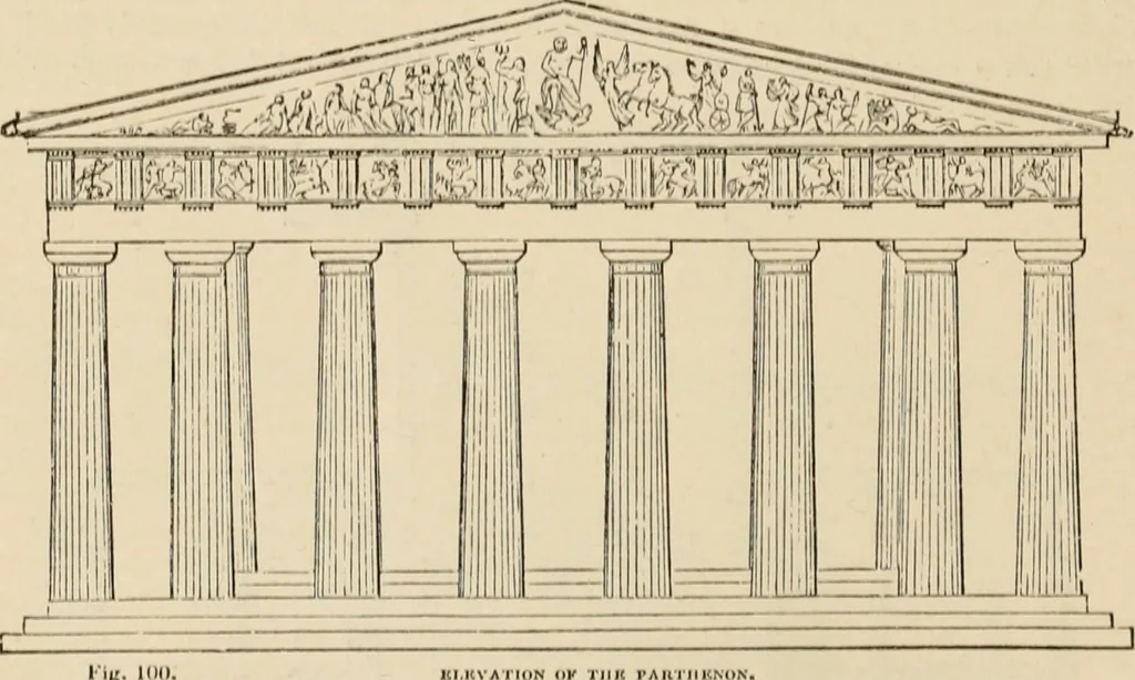 An illustration from An encyclopaedia of architecture, historical, theoretical, & practical. New ed., rev., portions rewritten, and with additions by Wyatt Papworth, 1888, leaf 87
