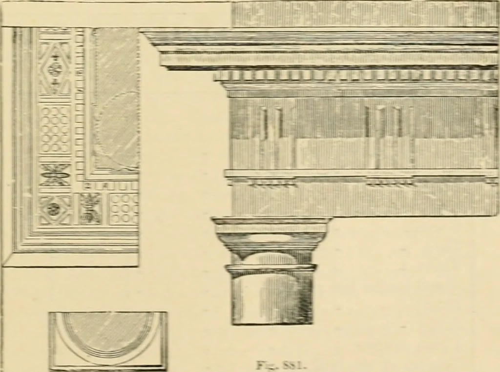 An illustration from An encyclopaedia of architecture, historical, theoretical, & practical. New ed., rev., portions rewritten, and with additions by Wyatt Papworth, 1888, leaf 880