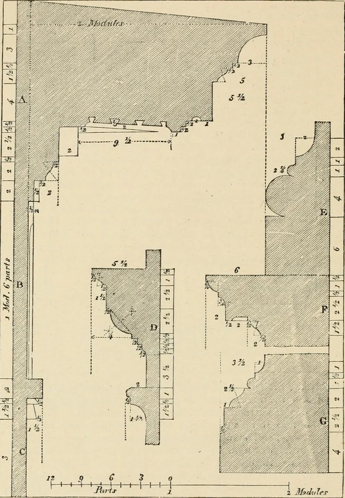 An illustration from An encyclopaedia of architecture, historical, theoretical, & practical. New ed., rev., portions rewritten, and with additions by Wyatt Papworth, 1888, leaf 881