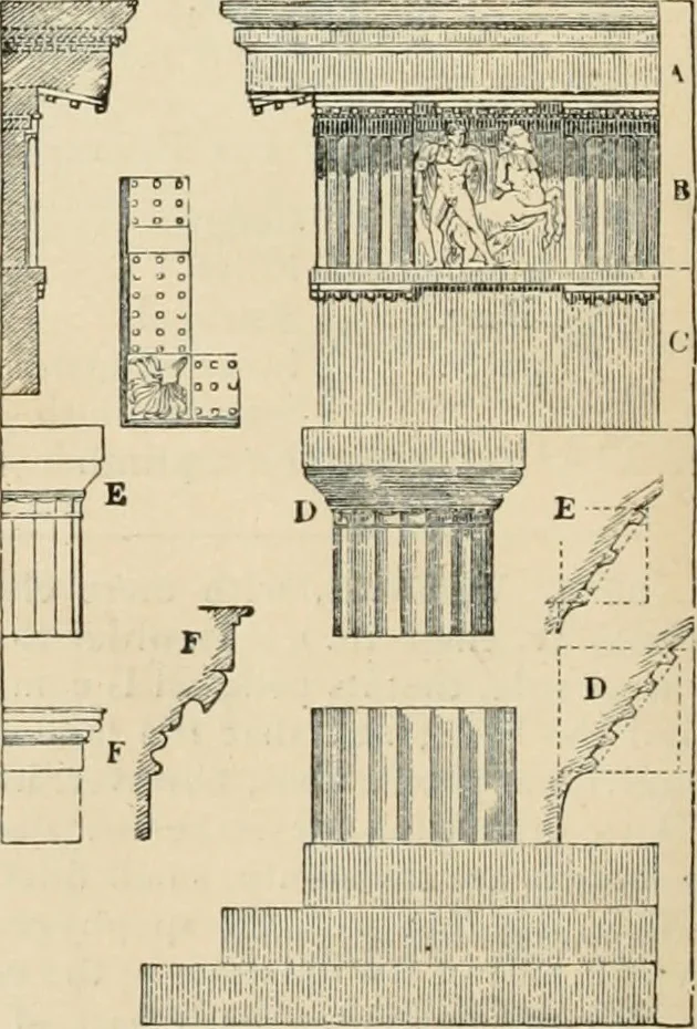An illustration from An encyclopaedia of architecture, historical, theoretical, & practical. New ed., rev., portions rewritten, and with additions by Wyatt Papworth, 1888, leaf 883