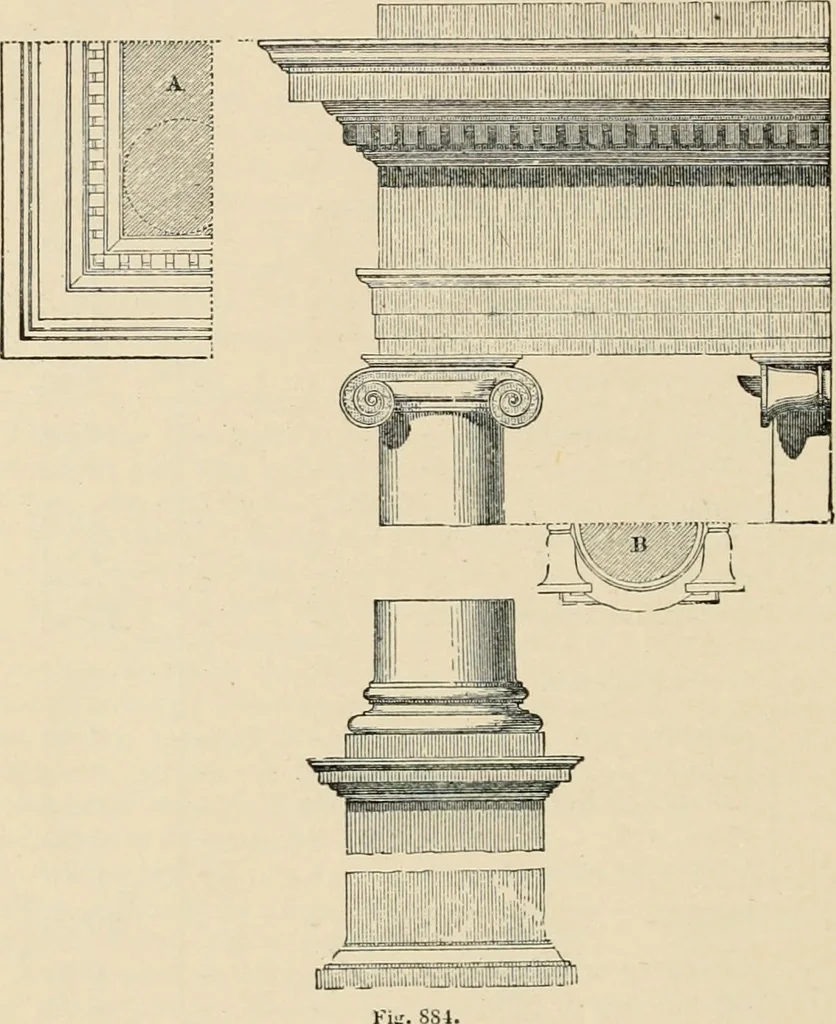 An illustration from An encyclopaedia of architecture, historical, theoretical, & practical. New ed., rev., portions rewritten, and with additions by Wyatt Papworth, 1888, leaf 885