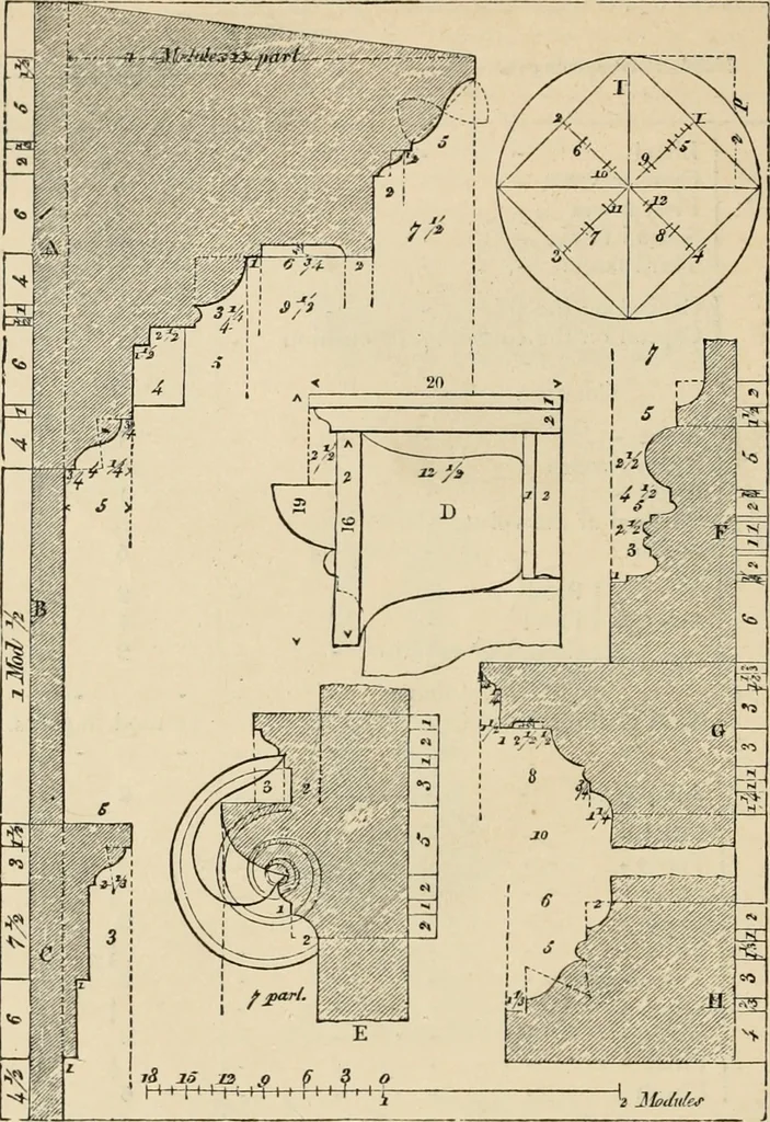 An illustration from An encyclopaedia of architecture, historical, theoretical, & practical. New ed., rev., portions rewritten, and with additions by Wyatt Papworth, 1888, leaf 887