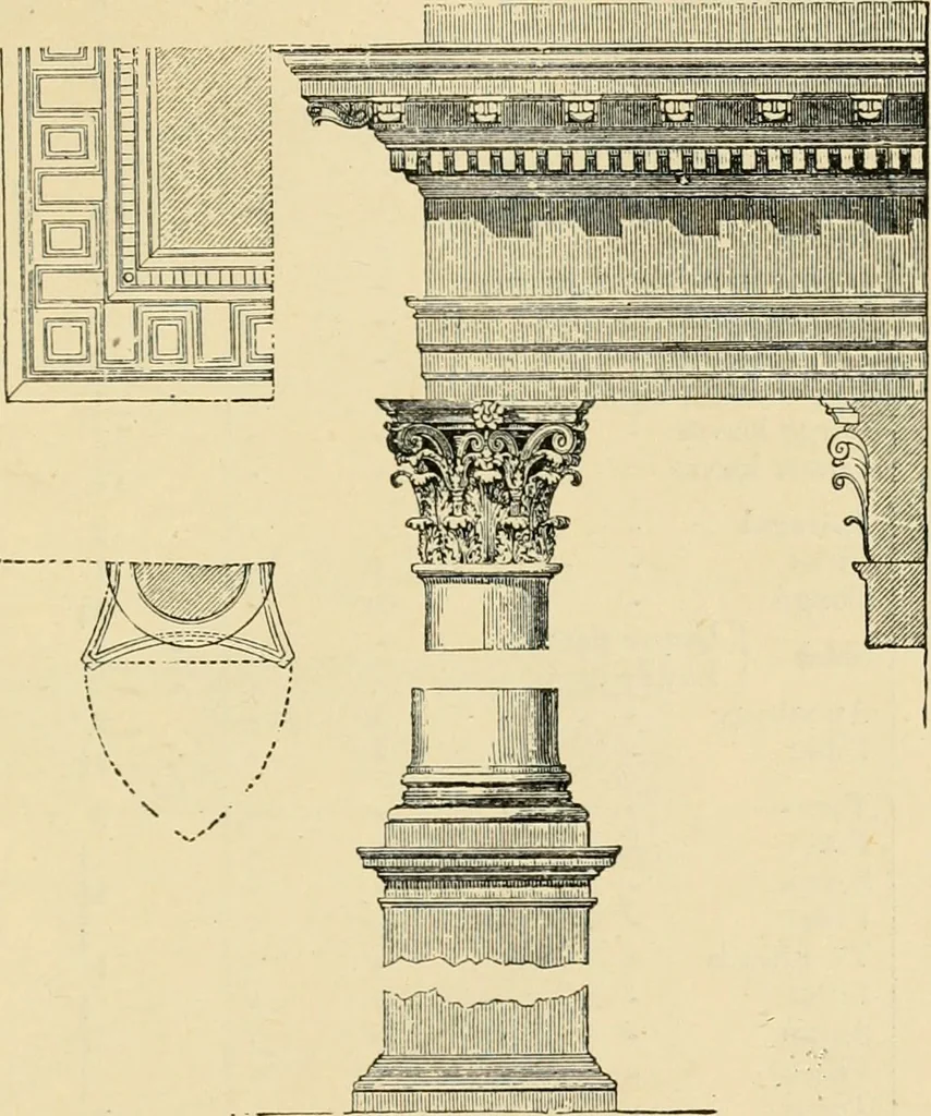 An illustration from An encyclopaedia of architecture, historical, theoretical, & practical. New ed., rev., portions rewritten, and with additions by Wyatt Papworth, 1888, leaf 890