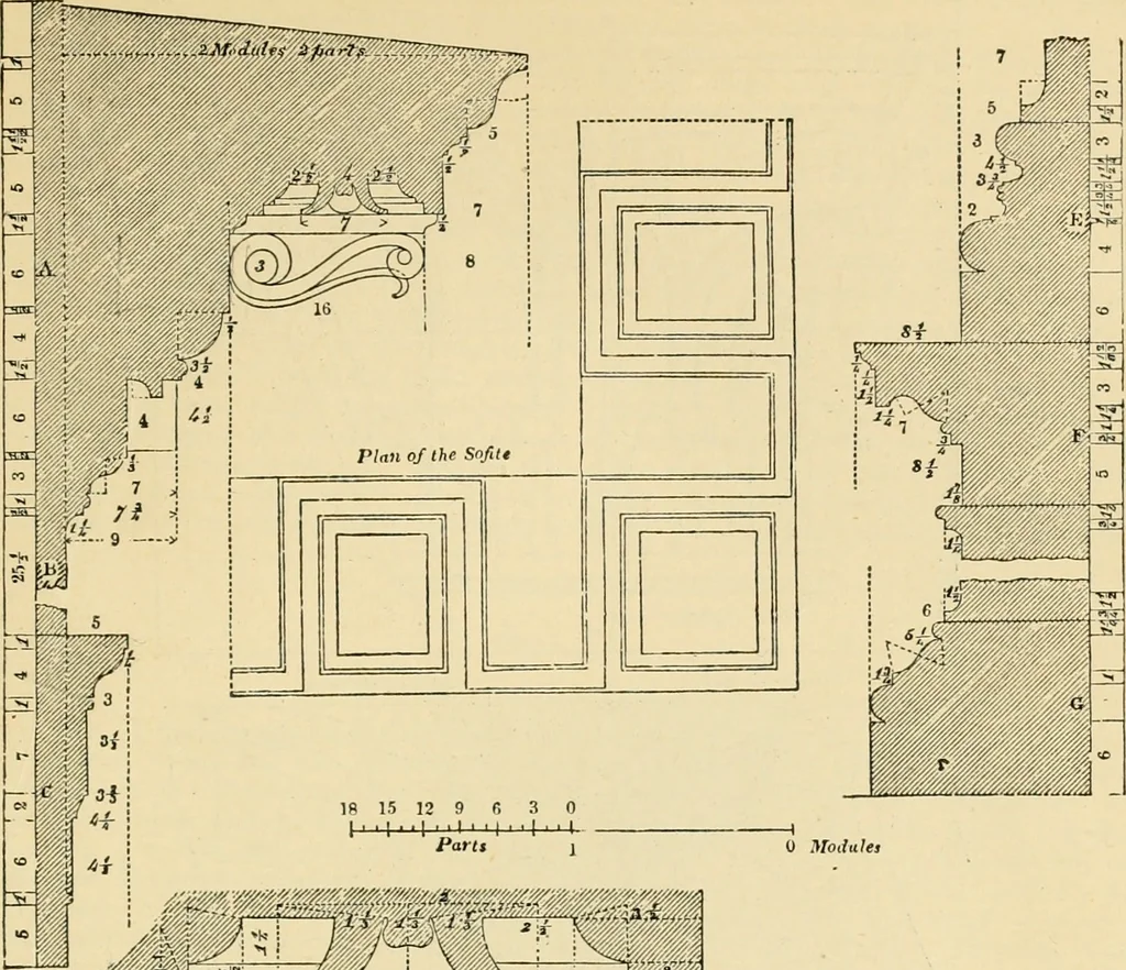 An illustration from An encyclopaedia of architecture, historical, theoretical, & practical. New ed., rev., portions rewritten, and with additions by Wyatt Papworth, 1888, leaf 892