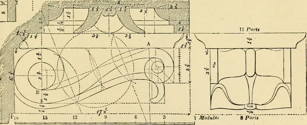 An illustration from An encyclopaedia of architecture, historical, theoretical, & practical. New ed., rev., portions rewritten, and with additions by Wyatt Papworth, 1888, leaf 892