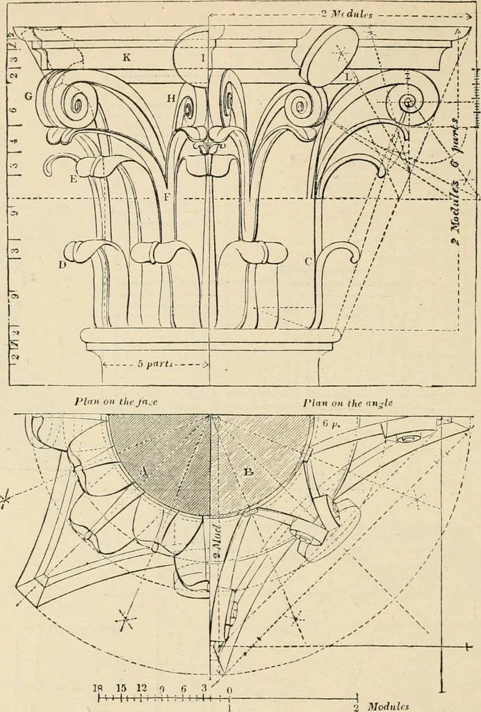 An illustration from An encyclopaedia of architecture, historical, theoretical, & practical. New ed., rev., portions rewritten, and with additions by Wyatt Papworth, 1888, leaf 893
