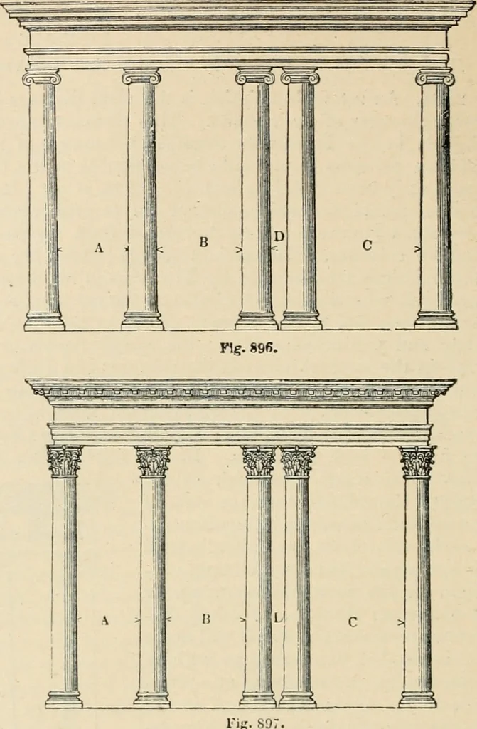 An illustration from An encyclopaedia of architecture, historical, theoretical, & practical. New ed., rev., portions rewritten, and with additions by Wyatt Papworth, 1888, leaf 901