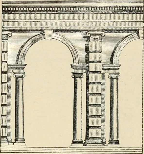 An illustration from An encyclopaedia of architecture, historical, theoretical, & practical. New ed., rev., portions rewritten, and with additions by Wyatt Papworth, 1888, leaf 913