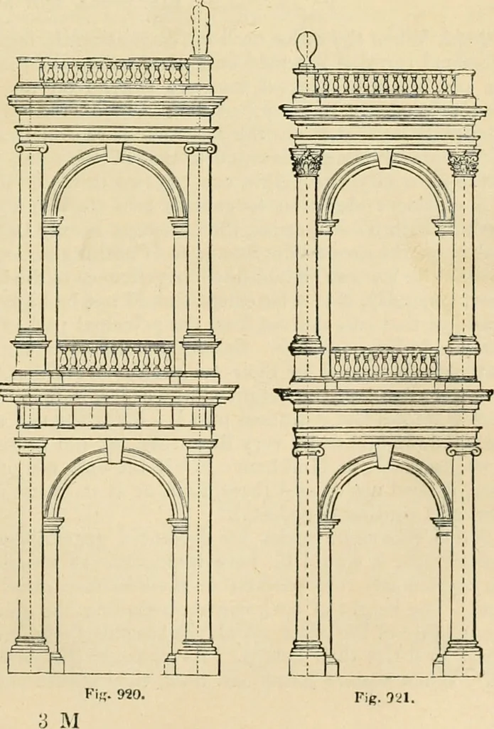 An illustration from An encyclopaedia of architecture, historical, theoretical, & practical. New ed., rev., portions rewritten, and with additions by Wyatt Papworth, 1888, leaf 918