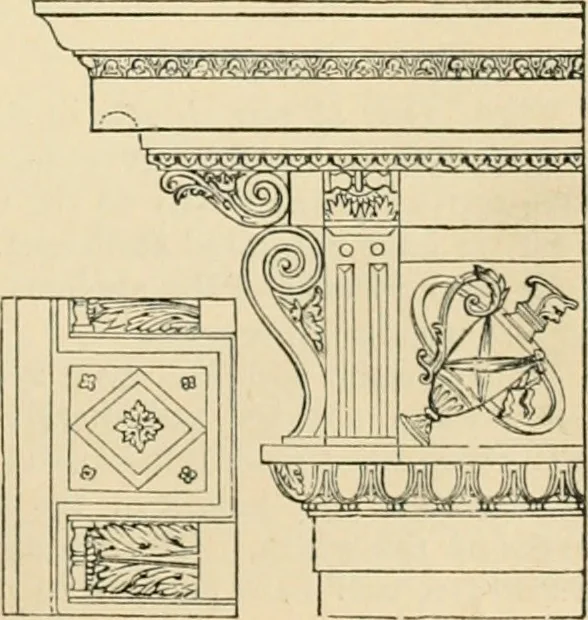 An illustration from An encyclopaedia of architecture, historical, theoretical, & practical. New ed., rev., portions rewritten, and with additions by Wyatt Papworth, 1888, leaf 932