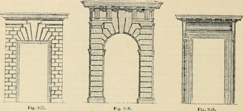 An illustration from An encyclopaedia of architecture, historical, theoretical, & practical. New ed., rev., portions rewritten, and with additions by Wyatt Papworth, 1888, leaf 935