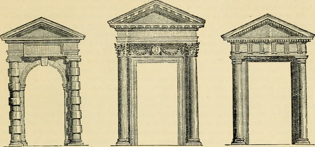 An illustration from An encyclopaedia of architecture, historical, theoretical, & practical. New ed., rev., portions rewritten, and with additions by Wyatt Papworth, 1888, leaf 936