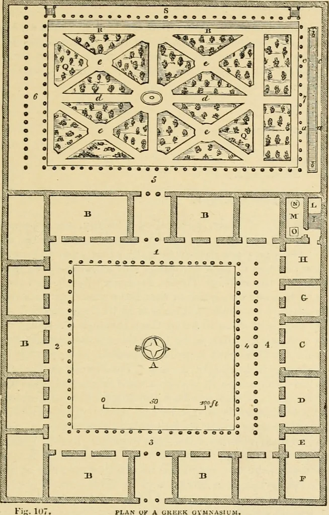An illustration from An encyclopaedia of architecture, historical, theoretical, & practical. New ed., rev., portions rewritten, and with additions by Wyatt Papworth, 1888, leaf 94