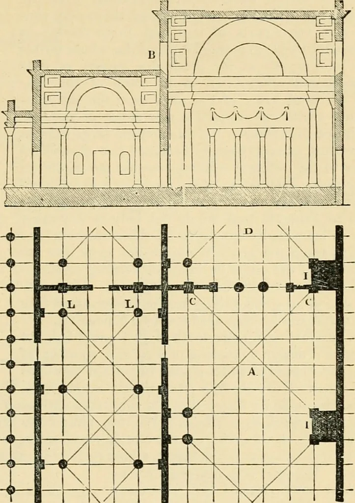 An illustration from An encyclopaedia of architecture, historical, theoretical, & practical. New ed., rev., portions rewritten, and with additions by Wyatt Papworth, 1888, leaf 960