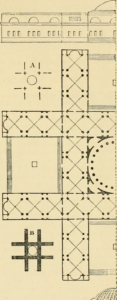 An illustration from An encyclopaedia of architecture, historical, theoretical, & practical. New ed., rev., portions rewritten, and with additions by Wyatt Papworth, 1888, leaf 962