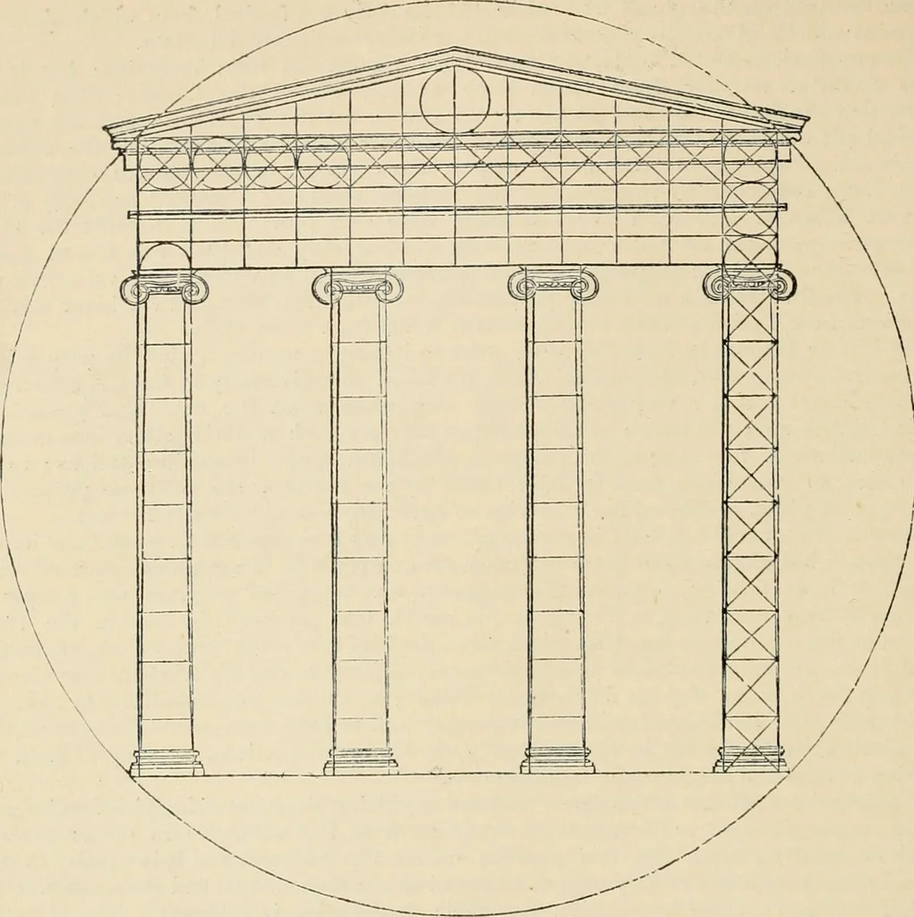 An illustration from An encyclopaedia of architecture, historical, theoretical, & practical. New ed., rev., portions rewritten, and with additions by Wyatt Papworth, 1888, leaf 973