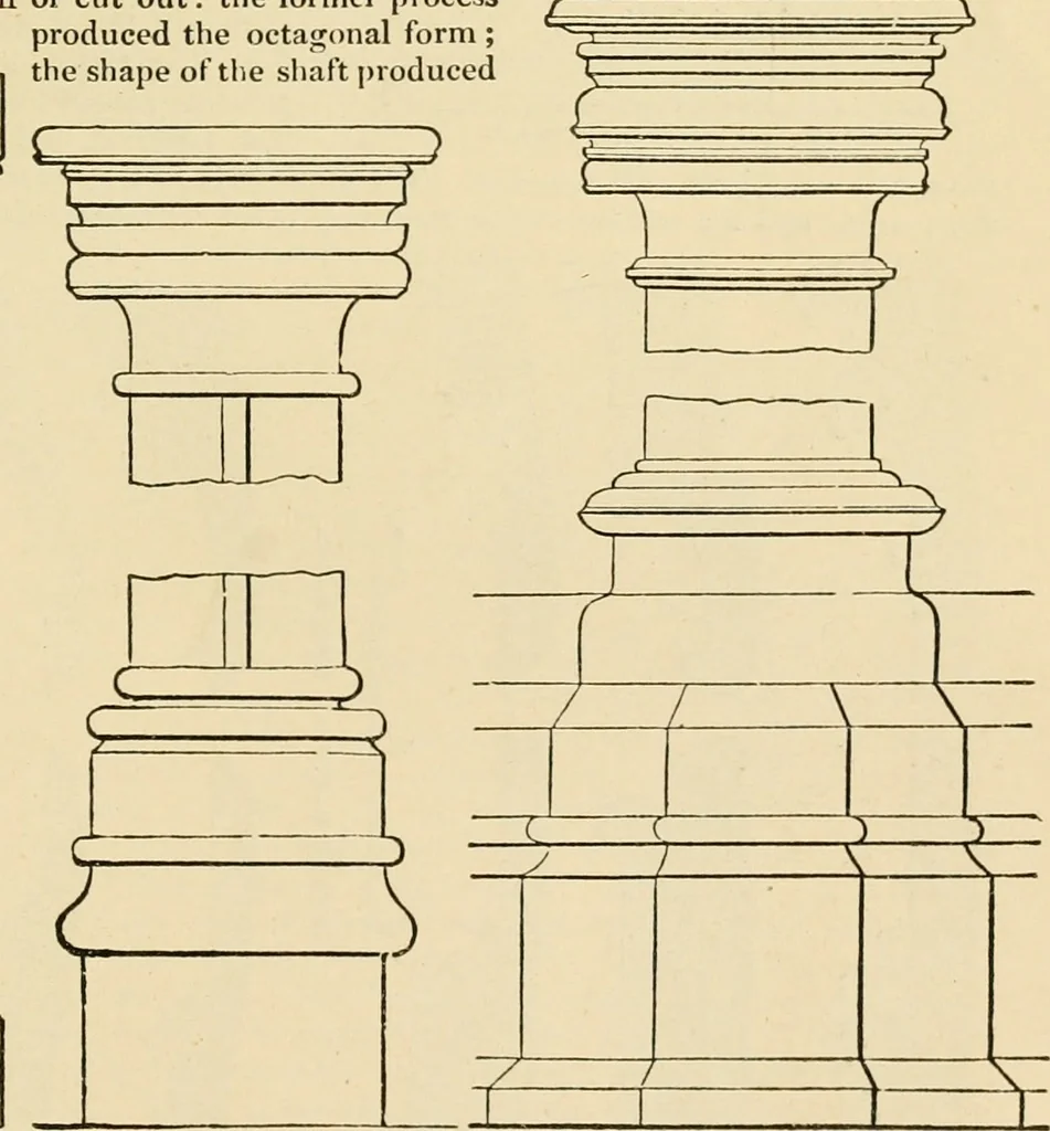 An illustration from An encyclopaedia of architecture, historical, theoretical, & practical. New ed., rev., portions rewritten, and with additions by Wyatt Papworth, 1888, leaf 998