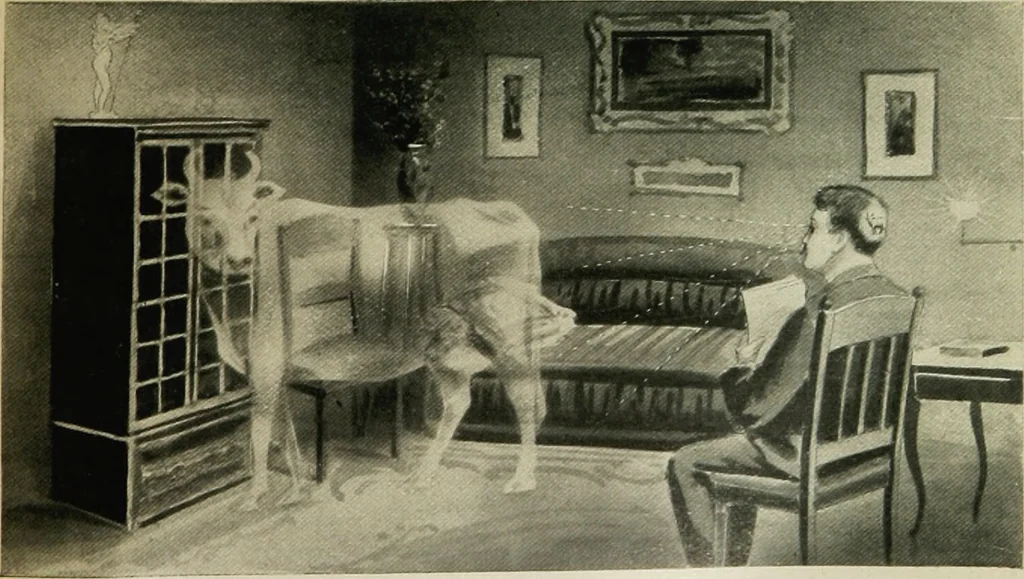 An illustration from Is man a free agent? The law of suggestion, including hypnosis, what and why it is, and how to induce it, the law of nature, mind, heredity, etc, 1902, leaf 38