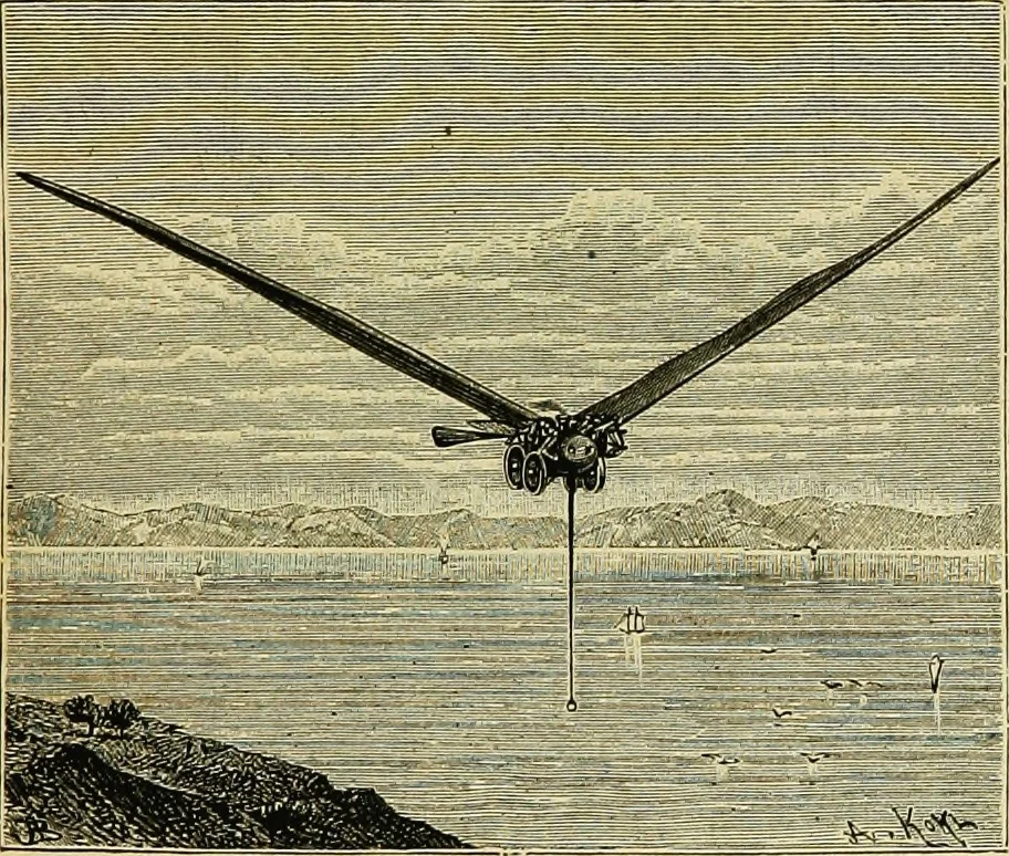 An illustration from La navigation aérienne : l'aviation et la direction des aérostats dans les temps anciens et modernes, 1886, leaf 104