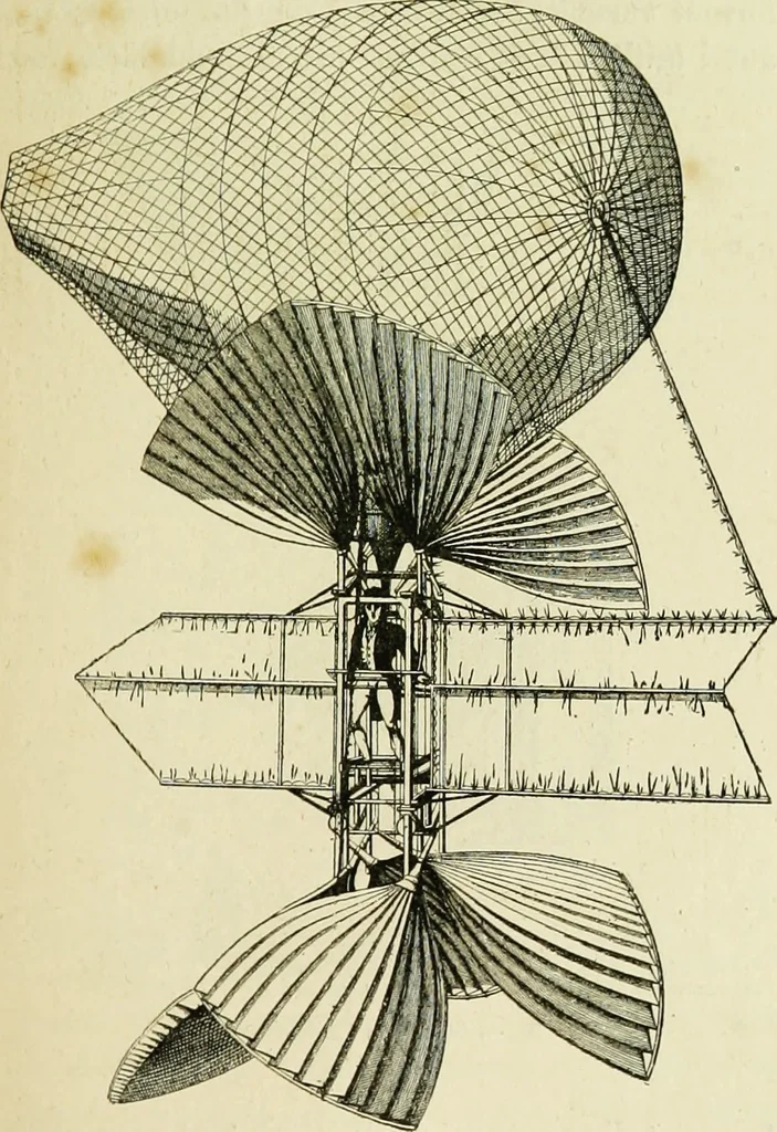 An illustration from La navigation aérienne : l'aviation et la direction des aérostats dans les temps anciens et modernes, 1886, leaf 258