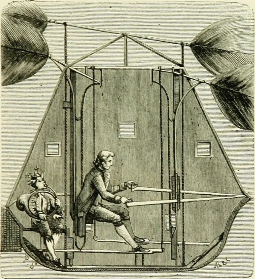 An illustration from La navigation aérienne : l'aviation et la direction des aérostats dans les temps anciens et modernes, 1886, leaf 64