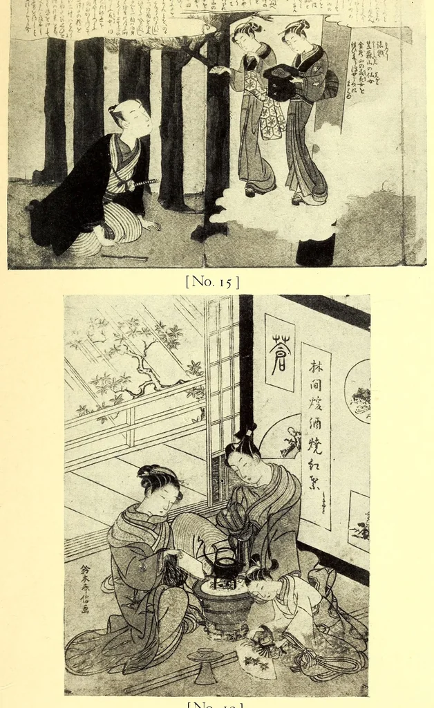 An illustration from 400 Japanese Color Prints Collected by Arnold Genthe Notable Examples of the Important Ukiyoye Artists. A Page from Harunobu's Maneyemon, Utamaro's Early Print after a Harunobu Painting, Shuncho's "Promenade," Hiroshige's "Misty Moonlight," Hokusai's "Return from the Picnic." Pillar Prints by Toyonobu, Haruji, Kiyonaga, Koriusai, Masunobu, Yeishin, Triptychs by Utamaro, Toyokuni I., Yeizan. Eighty Surimono in Flawless Condition, Including Examples by Shunman, Gakutei, Hokusai, Shinsai, 1917, leaf 135