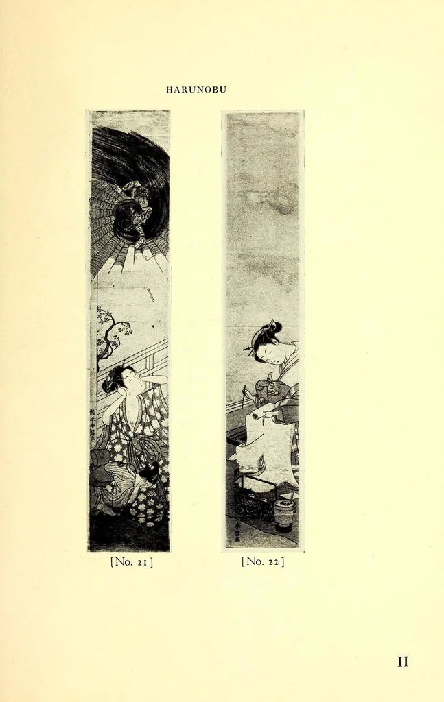 An illustration from 400 Japanese Color Prints Collected by Arnold Genthe Notable Examples of the Important Ukiyoye Artists. A Page from Harunobu's Maneyemon, Utamaro's Early Print after a Harunobu Painting, Shuncho's "Promenade," Hiroshige's "Misty Moonlight," Hokusai's "Return from the Picnic." Pillar Prints by Toyonobu, Haruji, Kiyonaga, Koriusai, Masunobu, Yeishin, Triptychs by Utamaro, Toyokuni I., Yeizan. Eighty Surimono in Flawless Condition, Including Examples by Shunman, Gakutei, Hokusai, Shinsai, 1917, leaf 137