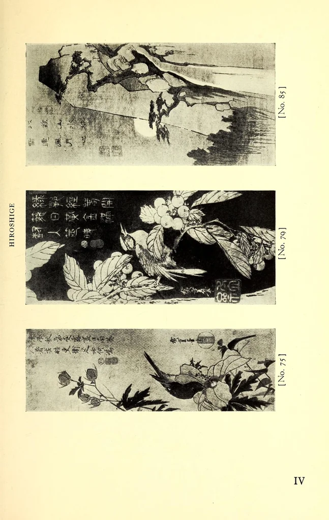 An illustration from 400 Japanese Color Prints Collected by Arnold Genthe Notable Examples of the Important Ukiyoye Artists. A Page from Harunobu's Maneyemon, Utamaro's Early Print after a Harunobu Painting, Shuncho's "Promenade," Hiroshige's "Misty Moonlight," Hokusai's "Return from the Picnic." Pillar Prints by Toyonobu, Haruji, Kiyonaga, Koriusai, Masunobu, Yeishin, Triptychs by Utamaro, Toyokuni I., Yeizan. Eighty Surimono in Flawless Condition, Including Examples by Shunman, Gakutei, Hokusai, Shinsai, 1917, leaf 141