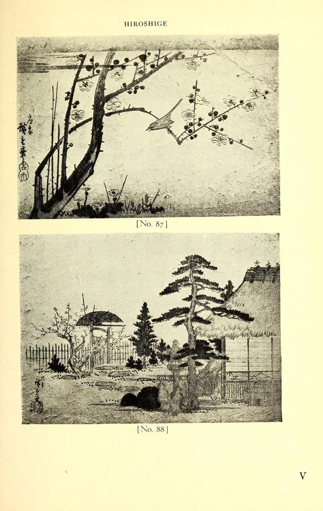 An illustration from 400 Japanese Color Prints Collected by Arnold Genthe Notable Examples of the Important Ukiyoye Artists. A Page from Harunobu's Maneyemon, Utamaro's Early Print after a Harunobu Painting, Shuncho's "Promenade," Hiroshige's "Misty Moonlight," Hokusai's "Return from the Picnic." Pillar Prints by Toyonobu, Haruji, Kiyonaga, Koriusai, Masunobu, Yeishin, Triptychs by Utamaro, Toyokuni I., Yeizan. Eighty Surimono in Flawless Condition, Including Examples by Shunman, Gakutei, Hokusai, Shinsai, 1917, leaf 143