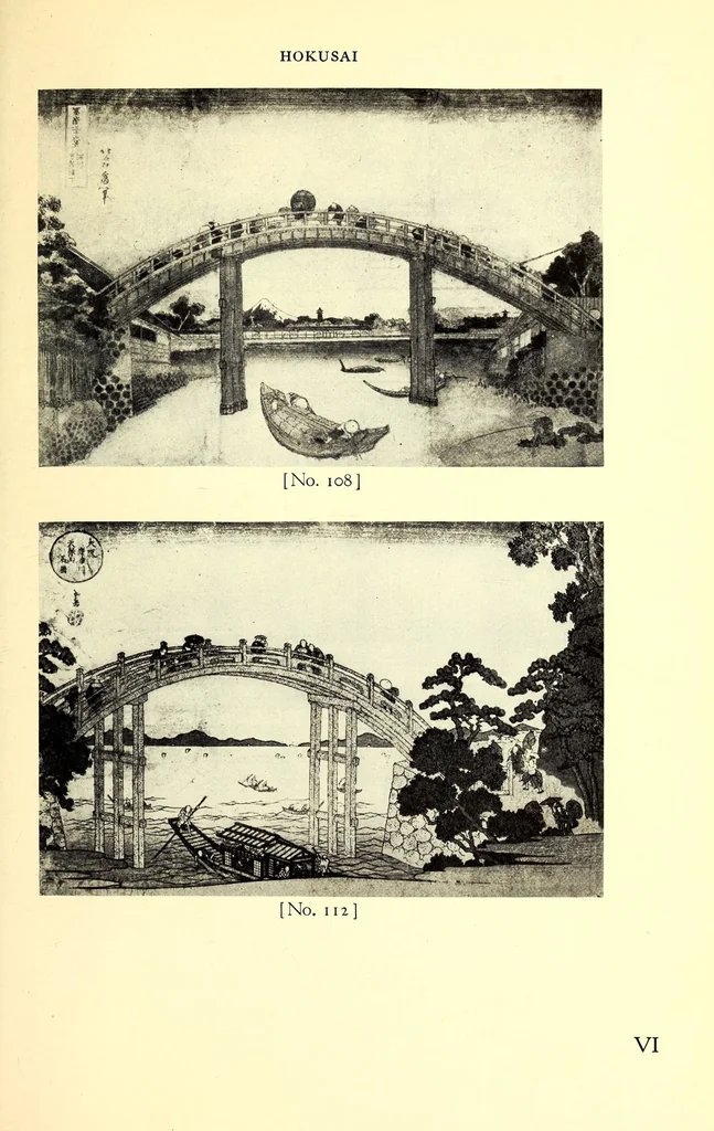 An illustration from 400 Japanese Color Prints Collected by Arnold Genthe Notable Examples of the Important Ukiyoye Artists. A Page from Harunobu's Maneyemon, Utamaro's Early Print after a Harunobu Painting, Shuncho's "Promenade," Hiroshige's "Misty Moonlight," Hokusai's "Return from the Picnic." Pillar Prints by Toyonobu, Haruji, Kiyonaga, Koriusai, Masunobu, Yeishin, Triptychs by Utamaro, Toyokuni I., Yeizan. Eighty Surimono in Flawless Condition, Including Examples by Shunman, Gakutei, Hokusai, Shinsai, 1917, leaf 145