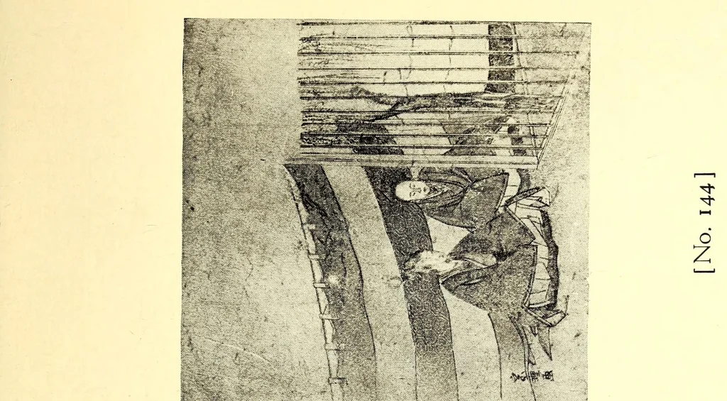 An illustration from 400 Japanese Color Prints Collected by Arnold Genthe Notable Examples of the Important Ukiyoye Artists. A Page from Harunobu's Maneyemon, Utamaro's Early Print after a Harunobu Painting, Shuncho's "Promenade," Hiroshige's "Misty Moonlight," Hokusai's "Return from the Picnic." Pillar Prints by Toyonobu, Haruji, Kiyonaga, Koriusai, Masunobu, Yeishin, Triptychs by Utamaro, Toyokuni I., Yeizan. Eighty Surimono in Flawless Condition, Including Examples by Shunman, Gakutei, Hokusai, Shinsai, 1917, leaf 149