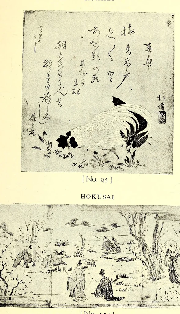 An illustration from 400 Japanese Color Prints Collected by Arnold Genthe Notable Examples of the Important Ukiyoye Artists. A Page from Harunobu's Maneyemon, Utamaro's Early Print after a Harunobu Painting, Shuncho's "Promenade," Hiroshige's "Misty Moonlight," Hokusai's "Return from the Picnic." Pillar Prints by Toyonobu, Haruji, Kiyonaga, Koriusai, Masunobu, Yeishin, Triptychs by Utamaro, Toyokuni I., Yeizan. Eighty Surimono in Flawless Condition, Including Examples by Shunman, Gakutei, Hokusai, Shinsai, 1917, leaf 151