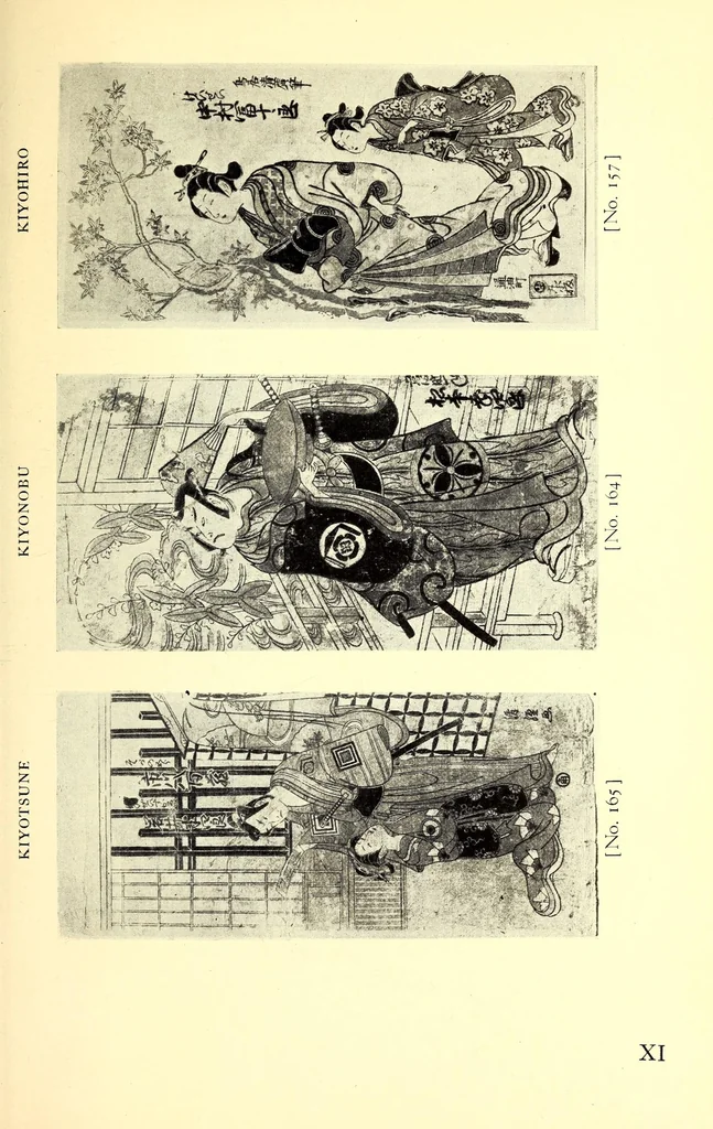 An illustration from 400 Japanese Color Prints Collected by Arnold Genthe Notable Examples of the Important Ukiyoye Artists. A Page from Harunobu's Maneyemon, Utamaro's Early Print after a Harunobu Painting, Shuncho's "Promenade," Hiroshige's "Misty Moonlight," Hokusai's "Return from the Picnic." Pillar Prints by Toyonobu, Haruji, Kiyonaga, Koriusai, Masunobu, Yeishin, Triptychs by Utamaro, Toyokuni I., Yeizan. Eighty Surimono in Flawless Condition, Including Examples by Shunman, Gakutei, Hokusai, Shinsai, 1917, leaf 155