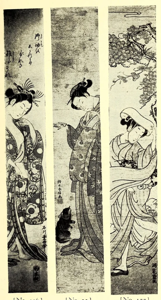 An illustration from 400 Japanese Color Prints Collected by Arnold Genthe Notable Examples of the Important Ukiyoye Artists. A Page from Harunobu's Maneyemon, Utamaro's Early Print after a Harunobu Painting, Shuncho's "Promenade," Hiroshige's "Misty Moonlight," Hokusai's "Return from the Picnic." Pillar Prints by Toyonobu, Haruji, Kiyonaga, Koriusai, Masunobu, Yeishin, Triptychs by Utamaro, Toyokuni I., Yeizan. Eighty Surimono in Flawless Condition, Including Examples by Shunman, Gakutei, Hokusai, Shinsai, 1917, leaf 159