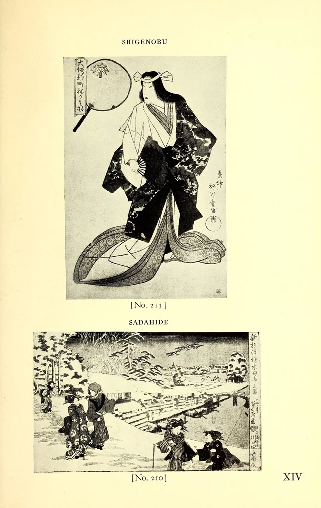 An illustration from 400 Japanese Color Prints Collected by Arnold Genthe Notable Examples of the Important Ukiyoye Artists. A Page from Harunobu's Maneyemon, Utamaro's Early Print after a Harunobu Painting, Shuncho's "Promenade," Hiroshige's "Misty Moonlight," Hokusai's "Return from the Picnic." Pillar Prints by Toyonobu, Haruji, Kiyonaga, Koriusai, Masunobu, Yeishin, Triptychs by Utamaro, Toyokuni I., Yeizan. Eighty Surimono in Flawless Condition, Including Examples by Shunman, Gakutei, Hokusai, Shinsai, 1917, leaf 161