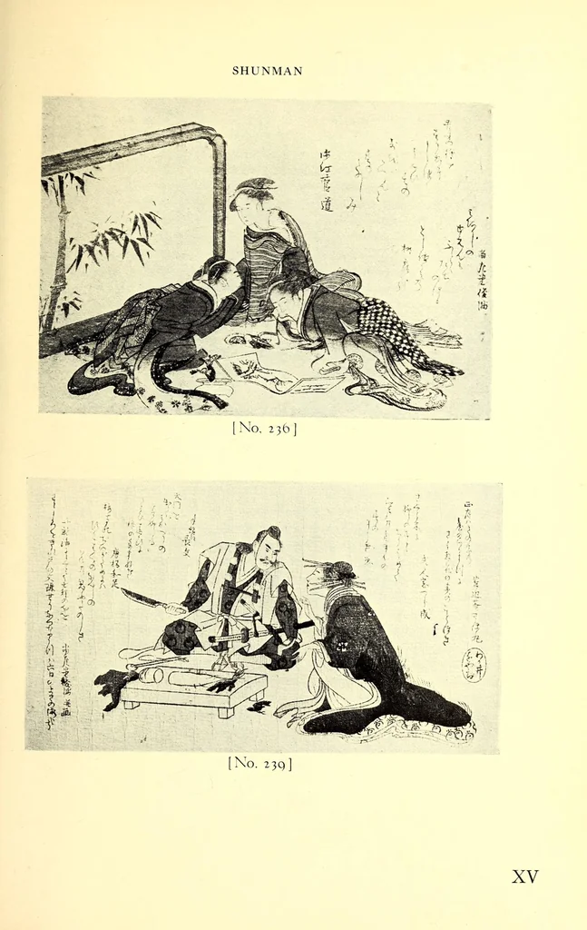 An illustration from 400 Japanese Color Prints Collected by Arnold Genthe Notable Examples of the Important Ukiyoye Artists. A Page from Harunobu's Maneyemon, Utamaro's Early Print after a Harunobu Painting, Shuncho's "Promenade," Hiroshige's "Misty Moonlight," Hokusai's "Return from the Picnic." Pillar Prints by Toyonobu, Haruji, Kiyonaga, Koriusai, Masunobu, Yeishin, Triptychs by Utamaro, Toyokuni I., Yeizan. Eighty Surimono in Flawless Condition, Including Examples by Shunman, Gakutei, Hokusai, Shinsai, 1917, leaf 163