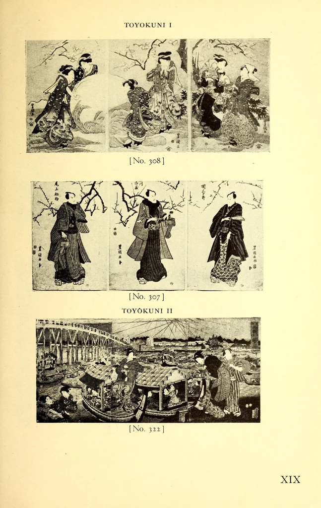 An illustration from 400 Japanese Color Prints Collected by Arnold Genthe Notable Examples of the Important Ukiyoye Artists. A Page from Harunobu's Maneyemon, Utamaro's Early Print after a Harunobu Painting, Shuncho's "Promenade," Hiroshige's "Misty Moonlight," Hokusai's "Return from the Picnic." Pillar Prints by Toyonobu, Haruji, Kiyonaga, Koriusai, Masunobu, Yeishin, Triptychs by Utamaro, Toyokuni I., Yeizan. Eighty Surimono in Flawless Condition, Including Examples by Shunman, Gakutei, Hokusai, Shinsai, 1917, leaf 171