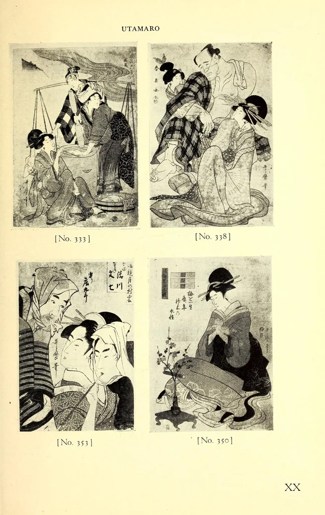 An illustration from 400 Japanese Color Prints Collected by Arnold Genthe Notable Examples of the Important Ukiyoye Artists. A Page from Harunobu's Maneyemon, Utamaro's Early Print after a Harunobu Painting, Shuncho's "Promenade," Hiroshige's "Misty Moonlight," Hokusai's "Return from the Picnic." Pillar Prints by Toyonobu, Haruji, Kiyonaga, Koriusai, Masunobu, Yeishin, Triptychs by Utamaro, Toyokuni I., Yeizan. Eighty Surimono in Flawless Condition, Including Examples by Shunman, Gakutei, Hokusai, Shinsai, 1917, leaf 173