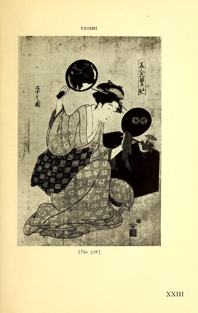 An illustration from 400 Japanese Color Prints Collected by Arnold Genthe Notable Examples of the Important Ukiyoye Artists. A Page from Harunobu's Maneyemon, Utamaro's Early Print after a Harunobu Painting, Shuncho's "Promenade," Hiroshige's "Misty Moonlight," Hokusai's "Return from the Picnic." Pillar Prints by Toyonobu, Haruji, Kiyonaga, Koriusai, Masunobu, Yeishin, Triptychs by Utamaro, Toyokuni I., Yeizan. Eighty Surimono in Flawless Condition, Including Examples by Shunman, Gakutei, Hokusai, Shinsai, 1917, leaf 179