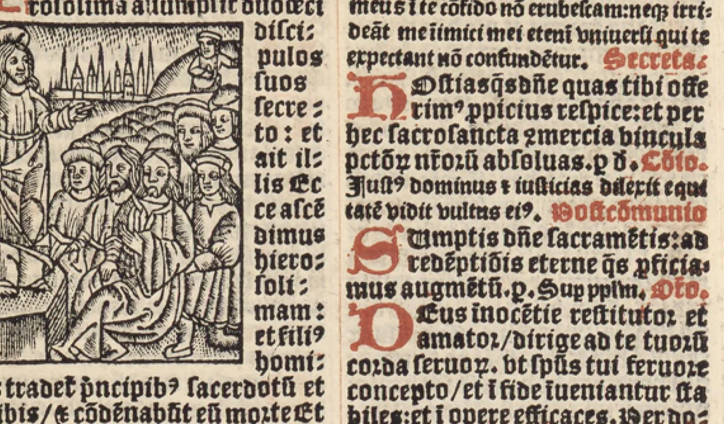 An illustration from Missale ad sacrosancte Constantiensis ecclesie usum nunc cum variis additamentis et in fine devotis missis cum vel sequentiis ante hac nusque visis elimatissime impressum. Novissime quoque Rothomagi cum appropriatis vuilibet hystoriis. Consummatum anno Domini virtutum conditorisque mundi millesimo quingentesimo. xxiiii. Die quarta mensis octobris., 1524, leaf 88