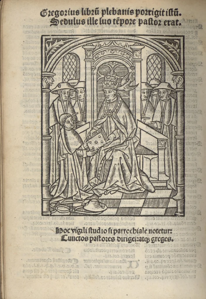 An illustration from Parrochiale curatorum prestantissimi sacre theologie : necnon jurispontificii doctoris et artium magistri, ac ecclesie Pataviensis canonici domini Michaelis Lochmaier. Huc properate gregis preciosa morte redempti rectores : vobis scribitur iste liber. Condita si vultis hic cuncta revolvere scripta : vobis, et gregibus pascua leta dabunt., 1509, leaf 17