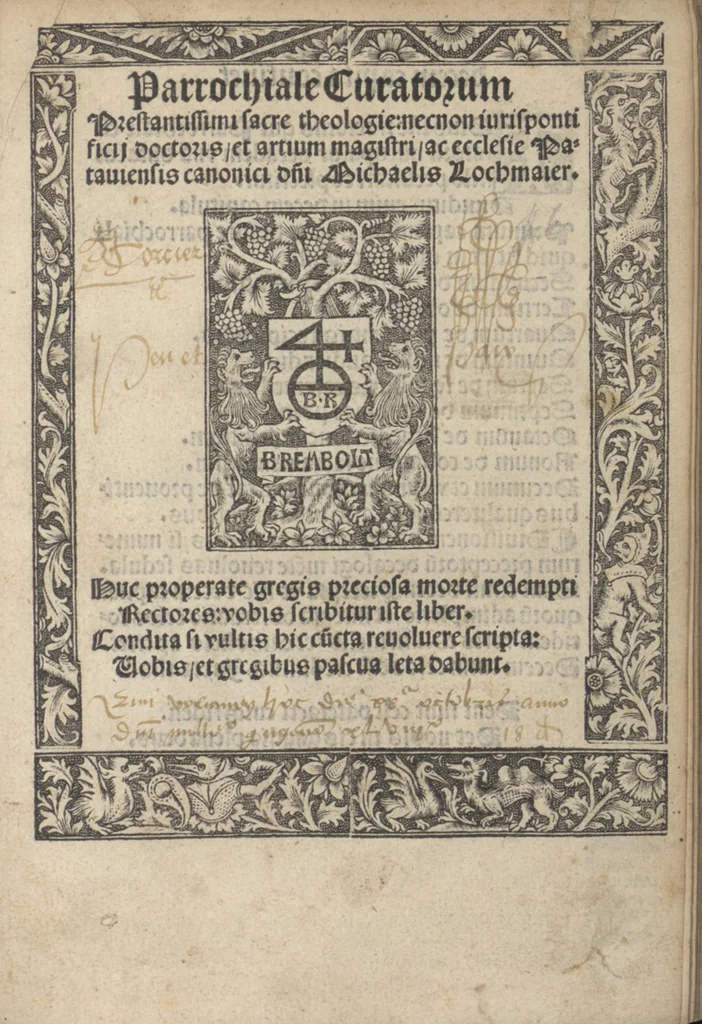 An illustration from Parrochiale curatorum prestantissimi sacre theologie : necnon jurispontificii doctoris et artium magistri, ac ecclesie Pataviensis canonici domini Michaelis Lochmaier. Huc properate gregis preciosa morte redempti rectores : vobis scribitur iste liber. Condita si vultis hic cuncta revolvere scripta : vobis, et gregibus pascua leta dabunt., 1509, leaf 6