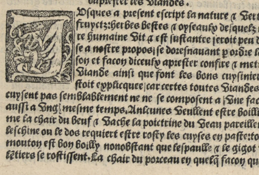An illustration from Platine en françoys, tres utile et necessaire pour le corps humain, qui traicte de honneste volupte et de toutes viandes et choses que lhomme mange : quelles vertus ont : et en quoy nuysent ou prouffitent au corps humain et comment se doyvent apprester ou appareiller : et de faire a chascune dicelles viandes soit chair ou poisson sa propre sausce : et des proprietez et vertus que ont lesdictes viandes. Et du lieu et place convenable a lhomme pour habiter : et de plusieurs aultres gentillesses parquoy lhomme se peult maintenir en prosperite et sante sans avoir grant indigence davoir aultre medecin sil est homme de raison., 1519, leaf 215