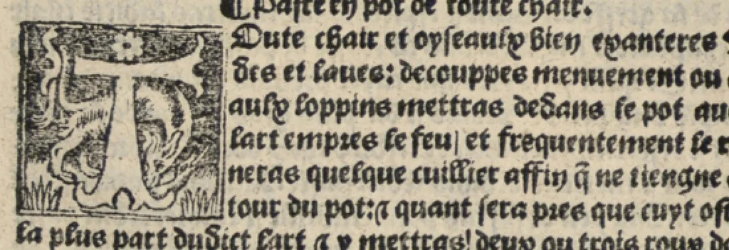 An illustration from Platine en françoys, tres utile et necessaire pour le corps humain, qui traicte de honneste volupte et de toutes viandes et choses que lhomme mange : quelles vertus ont : et en quoy nuysent ou prouffitent au corps humain et comment se doyvent apprester ou appareiller : et de faire a chascune dicelles viandes soit chair ou poisson sa propre sausce : et des proprietez et vertus que ont lesdictes viandes. Et du lieu et place convenable a lhomme pour habiter : et de plusieurs aultres gentillesses parquoy lhomme se peult maintenir en prosperite et sante sans avoir grant indigence davoir aultre medecin sil est homme de raison., 1519, leaf 221
