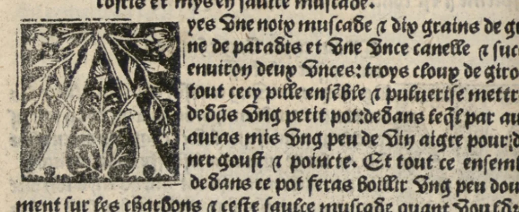 An illustration from Platine en françoys, tres utile et necessaire pour le corps humain, qui traicte de honneste volupte et de toutes viandes et choses que lhomme mange : quelles vertus ont : et en quoy nuysent ou prouffitent au corps humain et comment se doyvent apprester ou appareiller : et de faire a chascune dicelles viandes soit chair ou poisson sa propre sausce : et des proprietez et vertus que ont lesdictes viandes. Et du lieu et place convenable a lhomme pour habiter : et de plusieurs aultres gentillesses parquoy lhomme se peult maintenir en prosperite et sante sans avoir grant indigence davoir aultre medecin sil est homme de raison., 1519, leaf 223