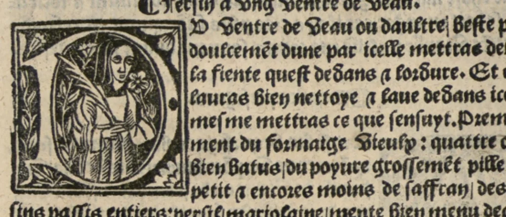 An illustration from Platine en françoys, tres utile et necessaire pour le corps humain, qui traicte de honneste volupte et de toutes viandes et choses que lhomme mange : quelles vertus ont : et en quoy nuysent ou prouffitent au corps humain et comment se doyvent apprester ou appareiller : et de faire a chascune dicelles viandes soit chair ou poisson sa propre sausce : et des proprietez et vertus que ont lesdictes viandes. Et du lieu et place convenable a lhomme pour habiter : et de plusieurs aultres gentillesses parquoy lhomme se peult maintenir en prosperite et sante sans avoir grant indigence davoir aultre medecin sil est homme de raison., 1519, leaf 233