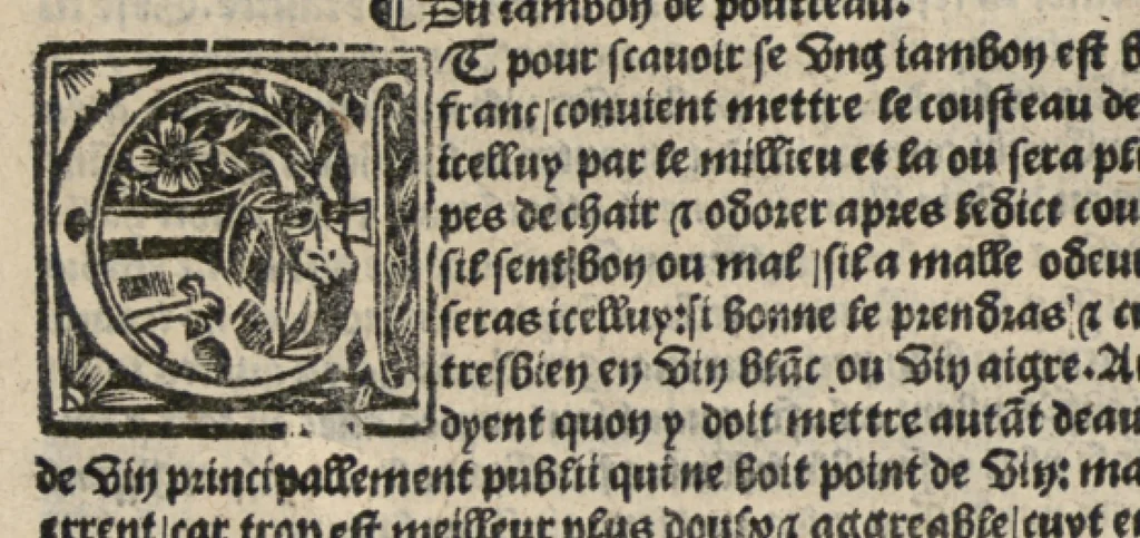 An illustration from Platine en françoys, tres utile et necessaire pour le corps humain, qui traicte de honneste volupte et de toutes viandes et choses que lhomme mange : quelles vertus ont : et en quoy nuysent ou prouffitent au corps humain et comment se doyvent apprester ou appareiller : et de faire a chascune dicelles viandes soit chair ou poisson sa propre sausce : et des proprietez et vertus que ont lesdictes viandes. Et du lieu et place convenable a lhomme pour habiter : et de plusieurs aultres gentillesses parquoy lhomme se peult maintenir en prosperite et sante sans avoir grant indigence davoir aultre medecin sil est homme de raison., 1519, leaf 233