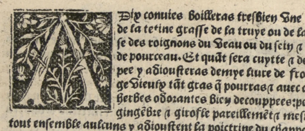 An illustration from Platine en françoys, tres utile et necessaire pour le corps humain, qui traicte de honneste volupte et de toutes viandes et choses que lhomme mange : quelles vertus ont : et en quoy nuysent ou prouffitent au corps humain et comment se doyvent apprester ou appareiller : et de faire a chascune dicelles viandes soit chair ou poisson sa propre sausce : et des proprietez et vertus que ont lesdictes viandes. Et du lieu et place convenable a lhomme pour habiter : et de plusieurs aultres gentillesses parquoy lhomme se peult maintenir en prosperite et sante sans avoir grant indigence davoir aultre medecin sil est homme de raison., 1519, leaf 279