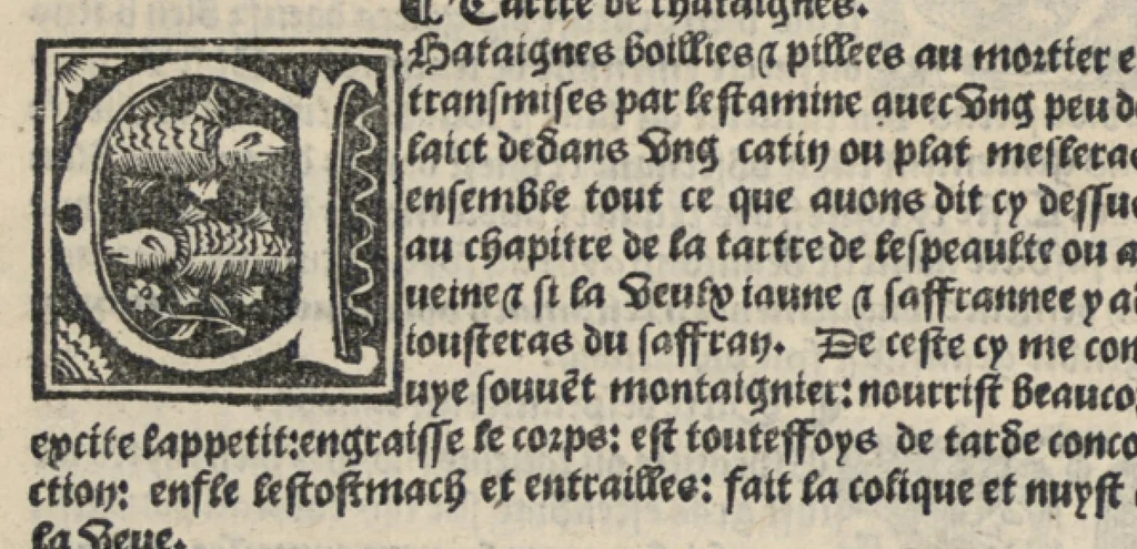 An illustration from Platine en françoys, tres utile et necessaire pour le corps humain, qui traicte de honneste volupte et de toutes viandes et choses que lhomme mange : quelles vertus ont : et en quoy nuysent ou prouffitent au corps humain et comment se doyvent apprester ou appareiller : et de faire a chascune dicelles viandes soit chair ou poisson sa propre sausce : et des proprietez et vertus que ont lesdictes viandes. Et du lieu et place convenable a lhomme pour habiter : et de plusieurs aultres gentillesses parquoy lhomme se peult maintenir en prosperite et sante sans avoir grant indigence davoir aultre medecin sil est homme de raison., 1519, leaf 303